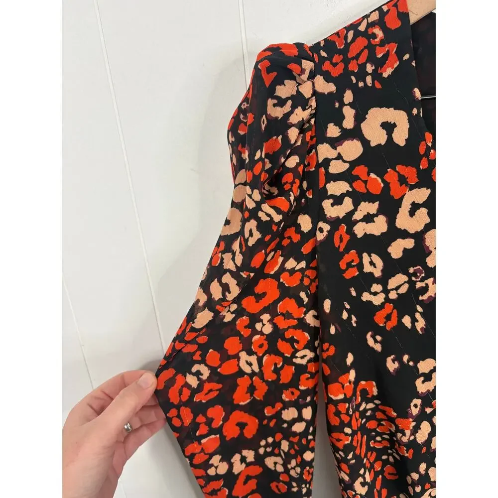 ASTR The Label Lissa Leopard Wrap Top XS Puff Sleeve Orange Black Tie Side
